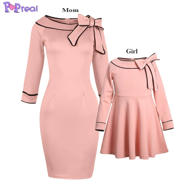 PopReal Mom And Daughter Dresses Pink Casual Sweet Bowknot Decorated Party Elegant Midi Mother And Daughter Matching Outfits