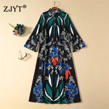 

2020 Spring Long Runway Dress Women High Quality New Elegant Full Sleeve Vintage Floral Print Loose Vacation Dress Vestidos