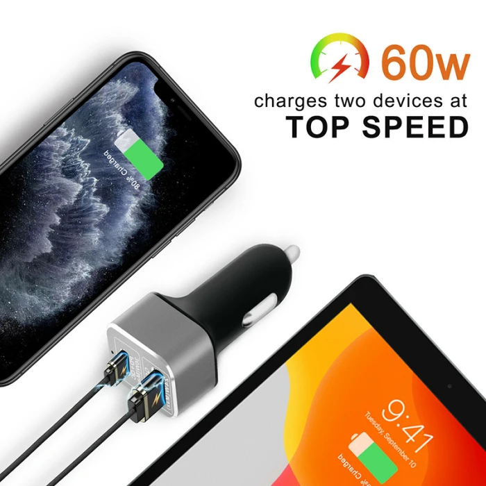 60 Вт QC PD 3,0 Автомобильное зарядное устройство адаптер двойной порт usb type C Быстрая зарядка для универсальных телефонов GK99