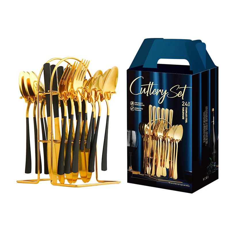 

24pcs Gold Dinnerware Set Stainless Steel Tableware With Shelf Knife Fork Spoon Western Flatware Cutlery Table Dinner Supplies