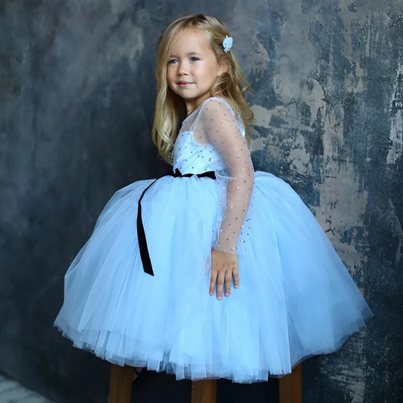 

Summer Baby Girl's Dress Beaded Tulle Tutu Long Sleeve Kids Birthday Party Gowns Photography Props