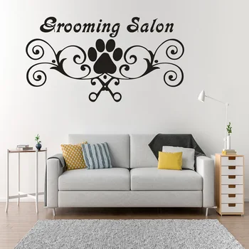 

Grooming Salon Sign Wall Decals Dog Paw Print Vinyl Poster Pet Shops Decor Pets Grooming Scissor Wall Art Sticker Pet Shop