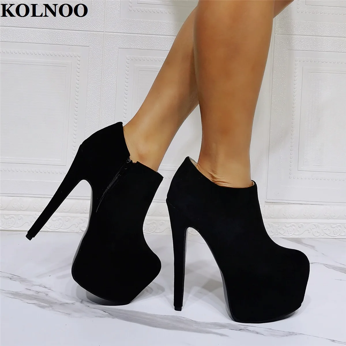 

Kolnoo Handmade New Womens High Heels Boots Faux-Suede Leather Sexy Platform Round-Toe Real-Photos Fashion Ankle Booties Shoes