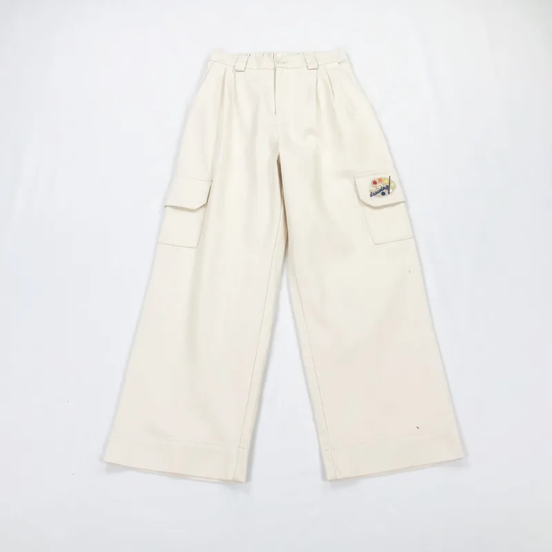 Повседневные свободные женские прямые брюки с большим карманом и вышивкой новые осенние брюки для девочек-подростков в консервативном стиле