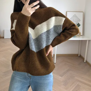 

Vintage O Neck Women Stipe Loose Knitting Sweaters 2019 Hit Color Woman Winter Autumn Pullovers
