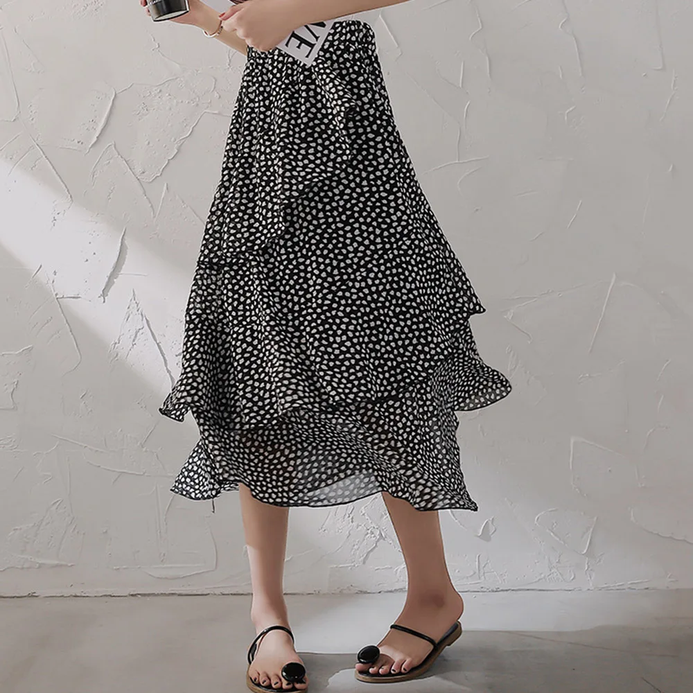 

Summer Fashion Women's Asymmetric Floral Chiffon Skirts A-Line Mid-Calf Sweet Swing Skirts Korean Style Beach Vocation Skirts