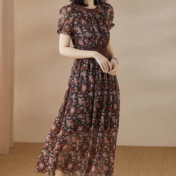 

Runway Designer Bohemian Retro Print Flowers Short Sleeves Pleated Elegant Temperament Ladies Dress Spring And Summer New