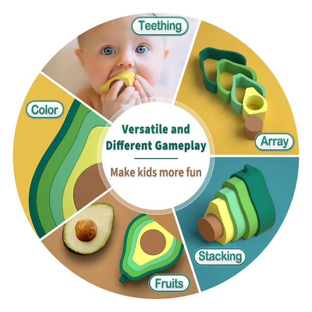 TYRY.HU 5pcs Avocado Stacking Block Silicone Teether Soft Building Blocks BPA Free 3D Folding Early Educational Kids Gifts Toys 2