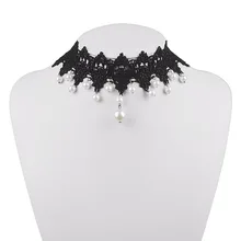 Mujer elegante Vintage negro encaje imitación perla gargantilla collares moda Collar grande hueco encaje Chocker Collar joyería(China)