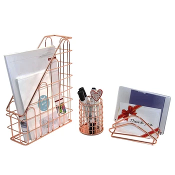 

Rose Gold Wired Metal 3 in1 Desk Stationery Organizer Set ,Letter Sorter Card Holder,Pencil Pen Holder,Vertical File Organizer