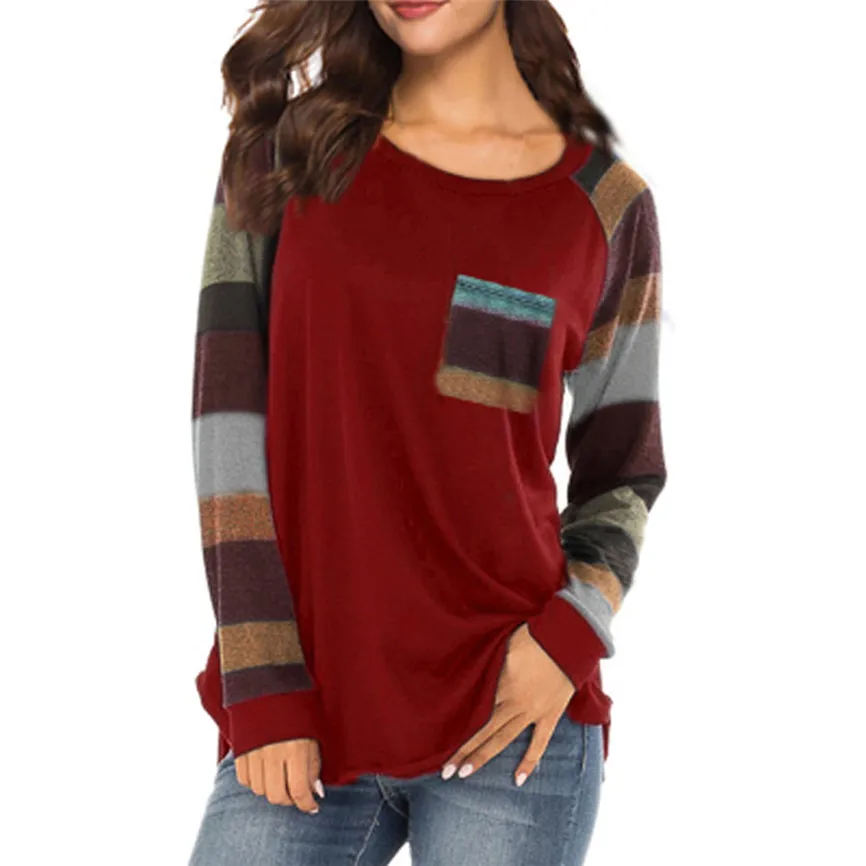 Fashion Woman s Female Clothing Elegant Stripe Casual Top T Shirt Ladies Loose Women Tops Long Sleeve Top - Цвет: Red