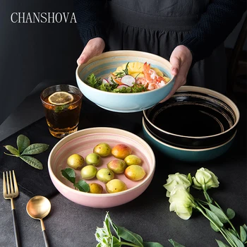 

CHANSHOVA Traditional Chinese Screw Thread Pattern Color Glaze Ceramic Salad Plates Porcelain Dinner Dishes Dessert Tray H203