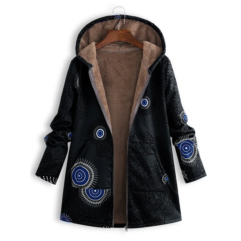 

Women's Retro Print Coat Autumn Winter Hooded Long Sleeve Zipper Loose Thickened Plush Ladies Coats