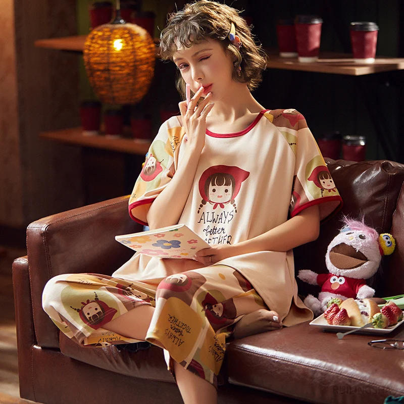 Пижама из 100% хлопка с круглым вырезом трикотажная пижама мультяшным принтом