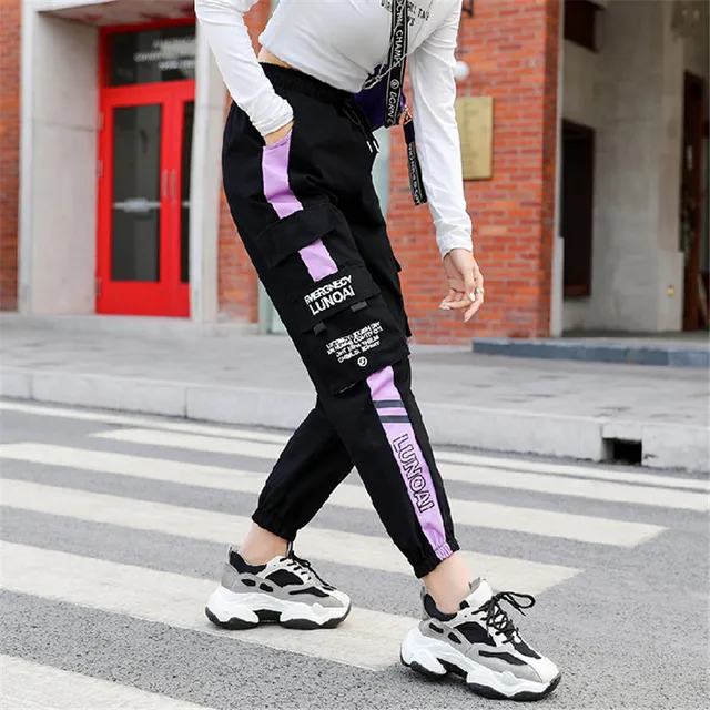NEW 2020 HOT Women'Pants High Waist pants Big Pockets Cargo pants Baggy Tactical Trouser Loose Streetwear hip hop joggers pants 206 purple
