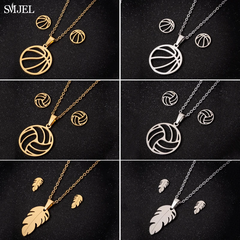 Smjel Bijoux Stainless Steel Volleyball Necklace Earrings Gold Jewelry