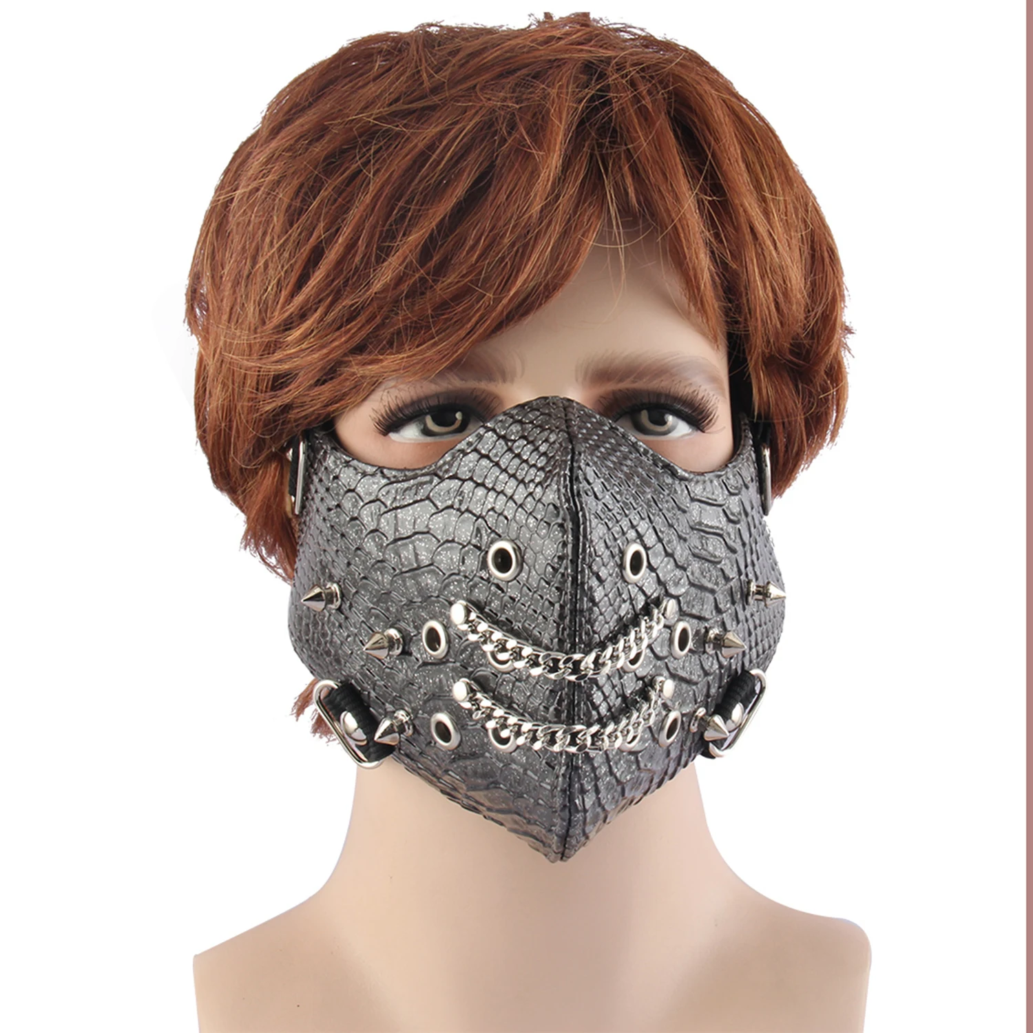 

Punk Rock Black Unisex Motorcycle Punk Mask Women Men Face Mouth Masks Snake pattern Leather Mask
