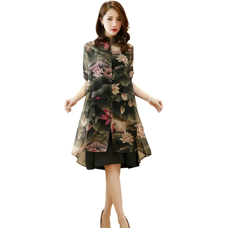 Summer Floral Chiffon Dress Two Pieces Set Sleeveless V Neck Vest Dresses Plus Size Women Sets |