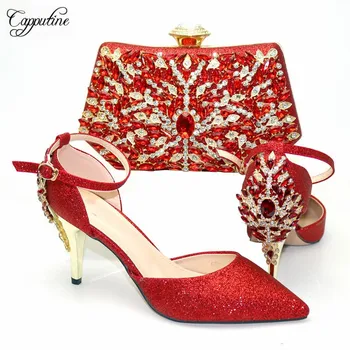 

Gorgeous Red Wedding/Party Shoes And Handbag Nice Thin Heel Pointed Toe Shoes With Evening Bag Sets CR891, Heel Height 8cm