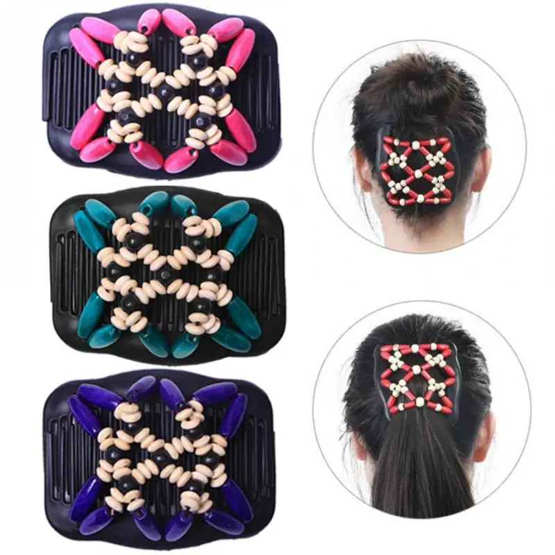 

Simple Magic Wooden Beads Retro Hairstyle Double Magic Clip Wood Beads Elastic Hairpin Elastic Hair Comb Ladies Hair Accessories
