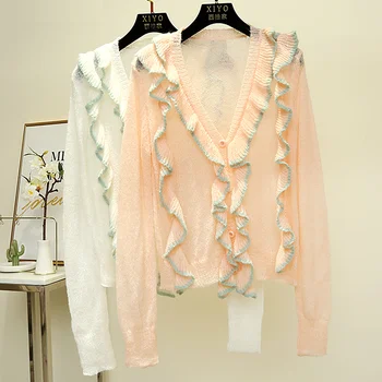 

Autumn Super Fairy Knitted Cardigan Women 2020 Popular Sweet Fungus Lace Long Sleeve V-neck Sweater Fashion Sweater Coat
