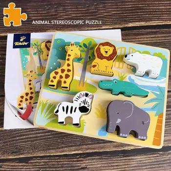 

Wooden Aninal Model 3D Puzzle Children's Educational toy Baby Wood cognition matching building puzzles toys log toy kids gift