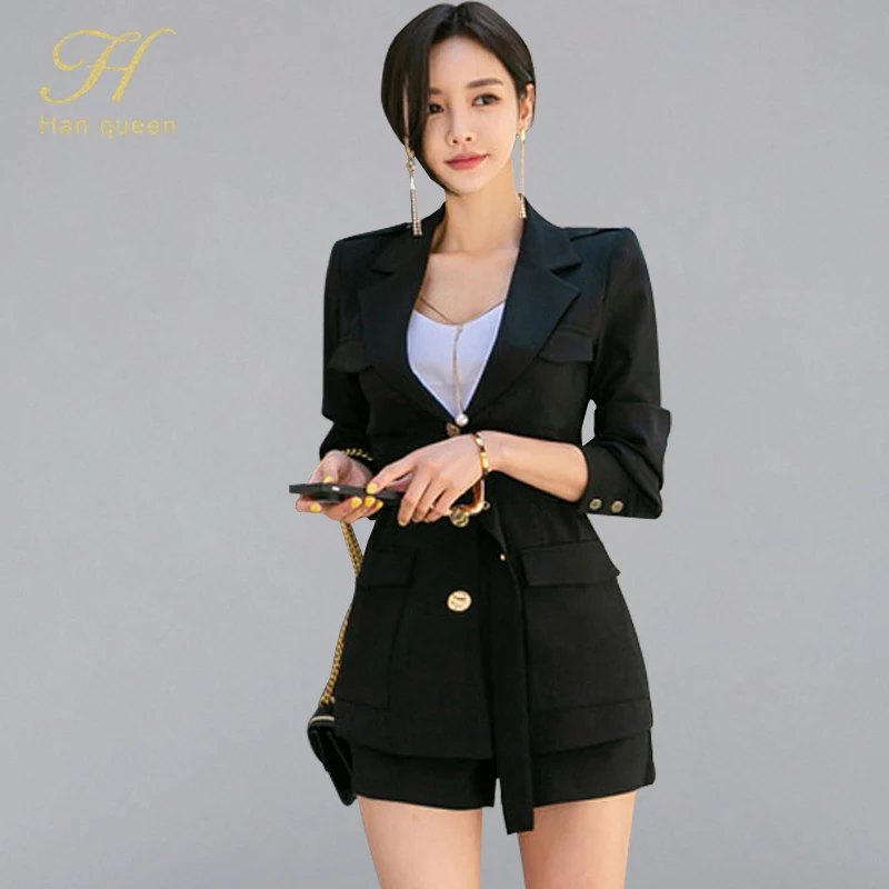 

H Han Queen Women Office Wear 2 Pieces Suits 2019 Autumn Notched Neck Trenches And Short Pants Solid Color Formal Business Set