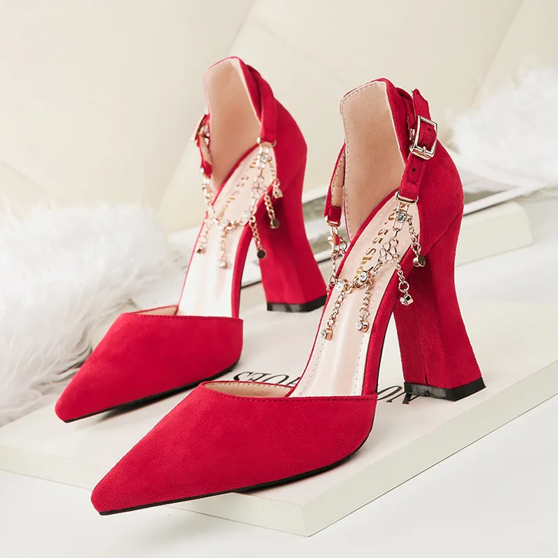 MONMOIRA Elegant Rhinestone Thick High Heel Sandals Solid Pointed Toe Women One Strap Suede Party Shoes FWC0011 | Обувь