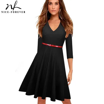 

Nice-Forever Autumn Women Knee Length Retro 1950's with Sash Dresses Cocktail Party Swing Flared Female Dress btyA006