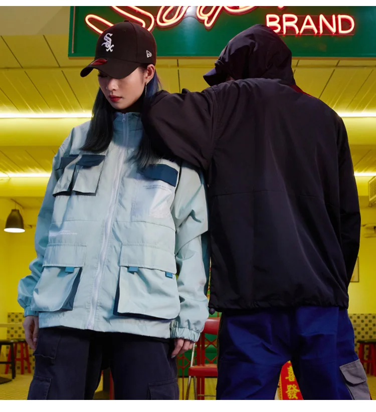 Aolamegs Jackets Men Cool Hip Hop Jacket Hooded Tracksuit Casual Color Block Funny Pockets Coats All-match Couple Streetwear
