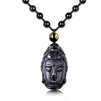 

LETSFUN Fine Jewelry C1lint7785631 Hand Carved Natural Obsidian Avalokitesvara Kwan-Yin Guan Yin Bodhisattva Necklace Pendant