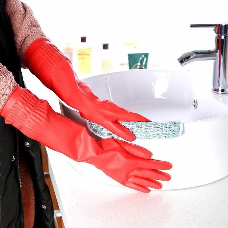 Red Gloves Washing Dishes Cleaning Waterproof Rubber Sleeve Gloves Latex Long Gloves  Kitchen Tool 5