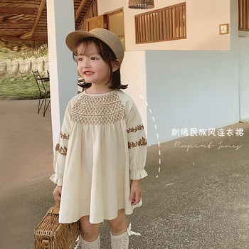 

2020 Girls Spring Cotton Embroidered Dress Children's Round Neck Long Sleeve Dress