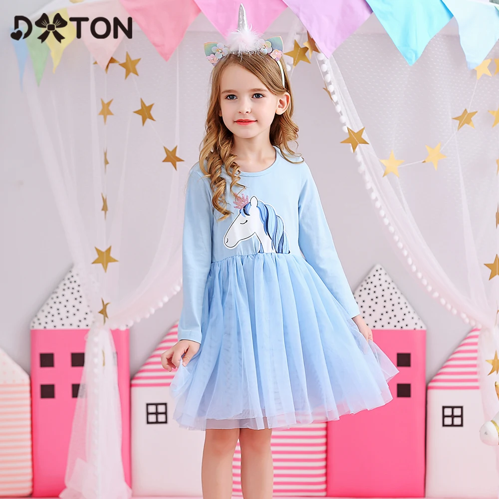 

DXTON Unicorn Kids Dresses For Girl Cotton Long Sleeve Girls Dress Cartoon Birthday Party Vestidos Winter Children Clothing 3-8Y