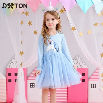 

DXTON Unicorn Kids Dresses For Girl Cotton Long Sleeve Girls Dress Cartoon Birthday Party Vestidos Winter Children Clothing 3-8Y