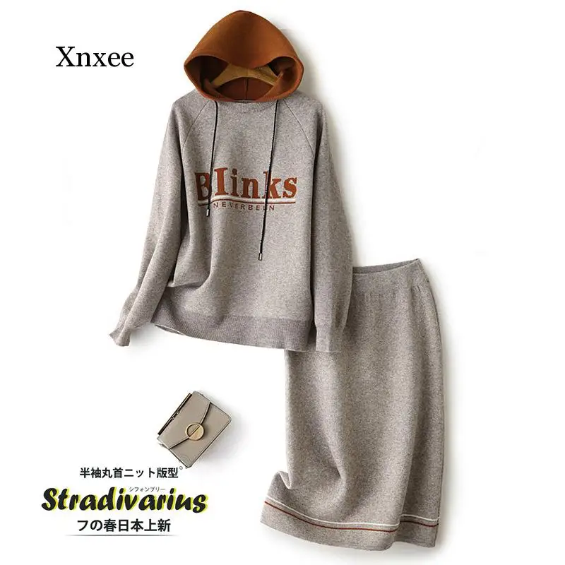 

Hooded Knitted Straight Skirt Setspring Fashion Casual Temperament Sportswear Commuter Suit Fall Winter Women Sweater Outfits