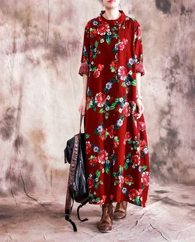 

Spring Autumn New Women's Retro National Style Printed Cotton and Linen Long Over Knee Loose Floral Print Elegant Dresses