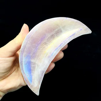 

Wholesale Natural Angel Aura Rose Quartz Moon Shape Bowl Healing Crystal Carved Heart Stone Dish Gift Home Decor Pink Ornament