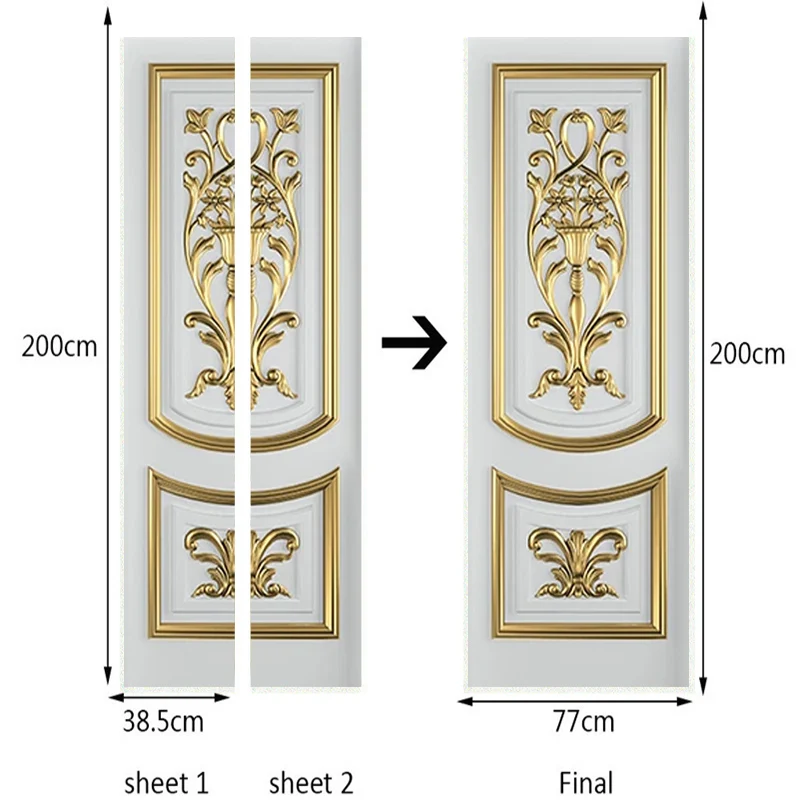 PVC Self-Adhesive Waterproof Door Sticker 3D Stereo White European Style Golden Carved Wallpaper Living Room Bedroom Door Decal