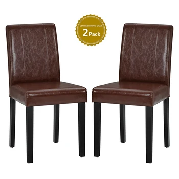 

Set Of 2 Faux Leather Dining Chairs High Back Chair With Solid Wooden Legs For Home & Commercial Restaurants (Brown)