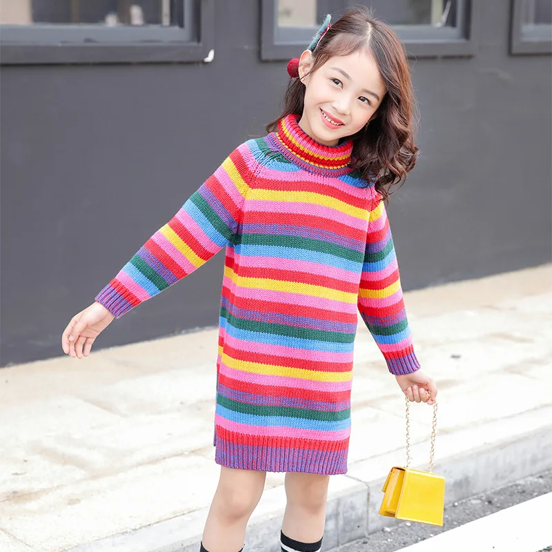 

2019 Autumn And Winter New Style GIRL'S Sweater Mid-length Western Style Big Kid Pure Cotton Sweater Rainbow Stripes Sweater