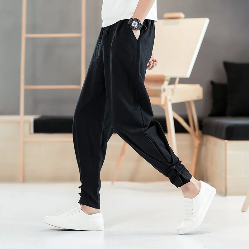 

Cotton Linen Pencil Pants Men Solid Drawstring Harem Pant Casual Loose Mans Sweatpants Streetwear Full Length Trousers