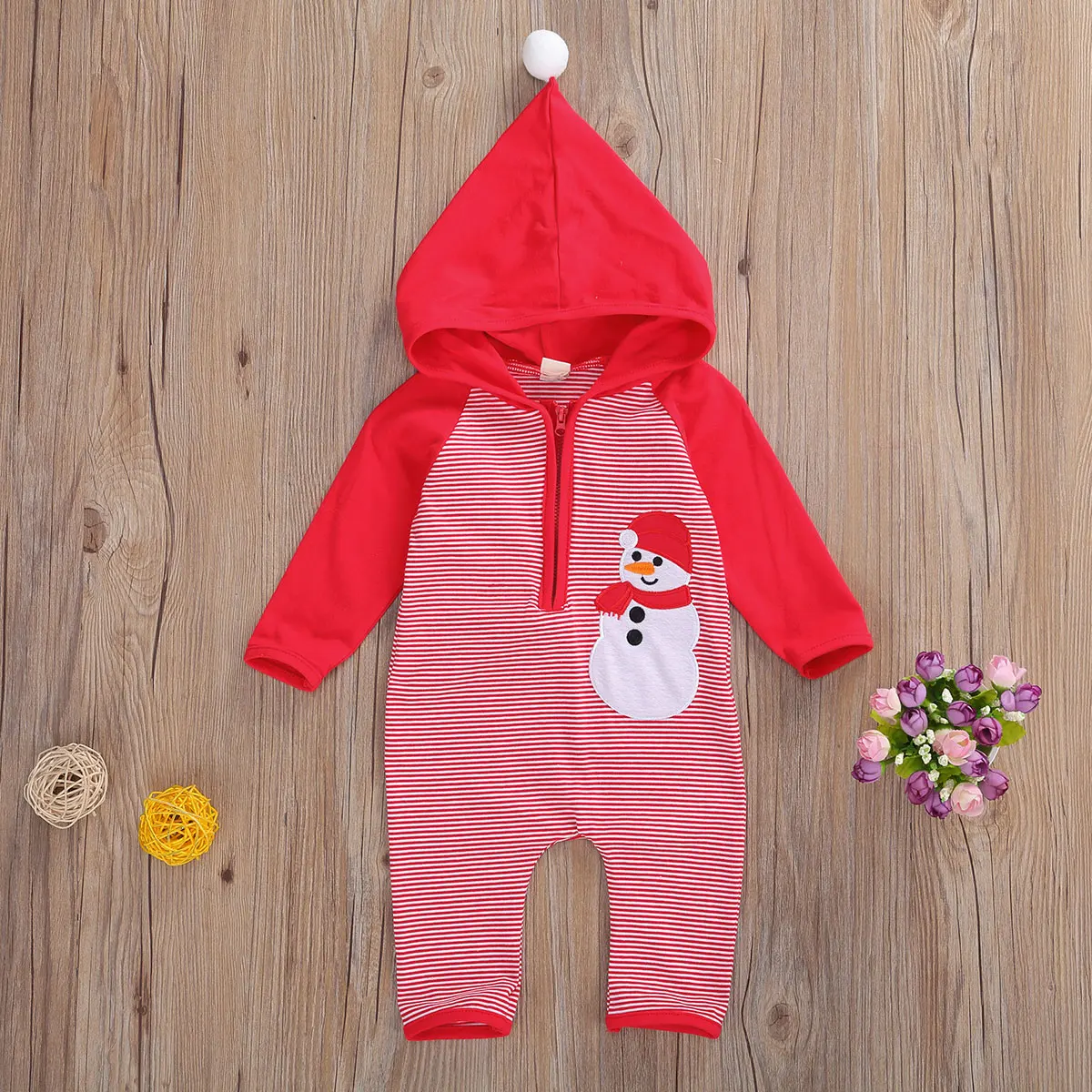 

Babyâ€™s Long Sleeve Jumpsuit Autumn Fresh Stripe and Snowman Hooded Zipper One Piece Long Pants