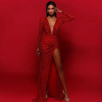 

Super Sexy Deep V Neck Long Sleeve Fully Sequin Beading High Split Sparkle Red Luxury Evening Dress