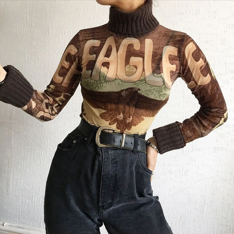 Осенние модные футболки с принтом орла пуловер высоким воротником и длинными