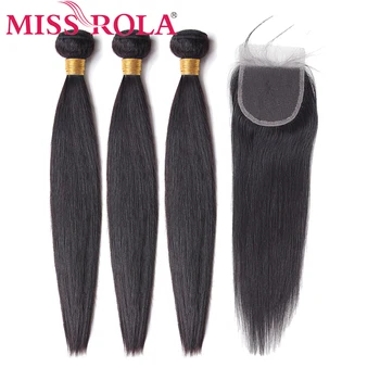 

Miss Rola Hair Non-Remy Straight Malaysia Hair Weave Bundles 100% Human Hair 3 Bundles With 4*4 Closure Natural Color 8-26 Inch