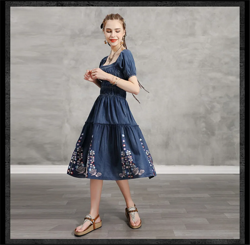 Summer Denim Dress 2020 Vintage Women Square Collar Dresses Short Sleeve Embroidery Elastic Waist Vestidos K82237 Girl's DRESS (13)