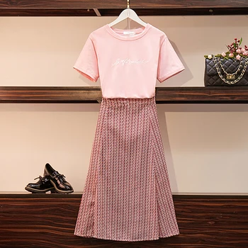 

2020 Summer New Womens Two-piece Set Korean Casual Solid Color Letter Embroidery O-neck T-shirt + Plaid Skirt Female Office Wear
