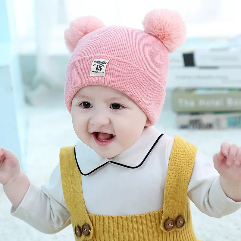 

Oeak Autumn Winter Baby Hat Fur Ball Infant Knitted Beanies Cute Solid Newborn Windproof Caps Kids Infant Photography Props