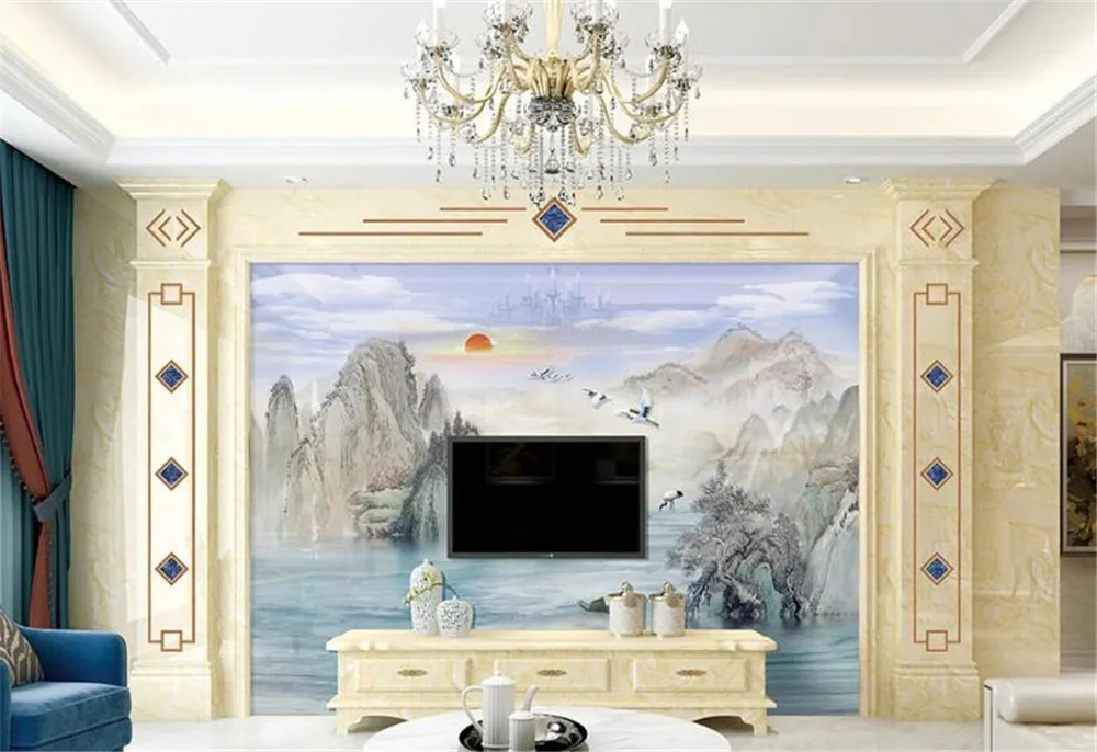 

Milofi customized 3D large wallpaper mural new Chinese cloud crane flying ink artistic conception landscape background wall